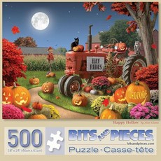 Bits and Pieces 성인용 500피스 직소 퍼즐 - 해피 할로우 할로윈 농장 호박 잭 O 랜턴 트랙터 고양이 가을 꽃 옥수수 달 밤 아티스트 Alan Giana 제작, 300 Piece Puzzle