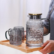 玻璃耐高溫大容量冷水壺家用夏季冰箱儲水瓶果汁杯涼白開茶壺套裝, 1個, 茶盤:如圖, 1L