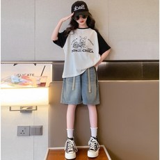 아이짱 초등 주니어 여름 BON21 반팔티셔츠 5부 청반바지 상하복 세트