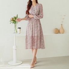 HERRINGBONE apparel 女款春季長版連身裙 秋季長袖雪紡傘狀A字日常款 HE044, HEX044_粉色花朵