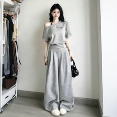 good 運動套裝女夏斜肩收腰短袖恤露肩顯瘦闊腿長褲兩件套, 灰色短袖+長褲 兩件套 ,L  建議52.5-60.0公斤