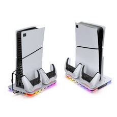 QTR PS5散熱風扇底座 Slim/Pro充電底座 風扇散熱 PS5散熱架 炫彩RGB 直立型 雙手把充電, 1個, D款-PS5全主機通用-白色無卡架