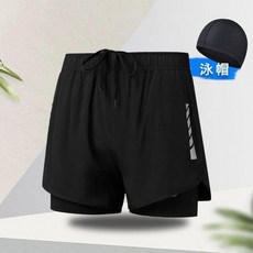 男士雙層速乾透氣泳褲 附泳帽泳鏡四件套, 1個, 反光黑泳褲（送泳帽）,M(42.5-52.5公斤)