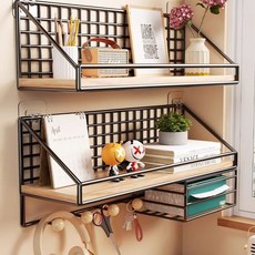 置物架 免打孔置物架 壁掛置物架 墻上置物架 收納架 墻面置物架 掛壁置物架 壁籃置物架墻上置物架免打孔學生寢室床頭上鋪, 曜石黑,實木板大號兩件裝【送粘鉤+無痕釘】