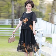 중년 여성 원피스 투피스 세트 봄 여름 고급 엄마옷 캐주얼 가디건 원피스 세트 루즈핏 기질 하객룩 엄마 세트 CY