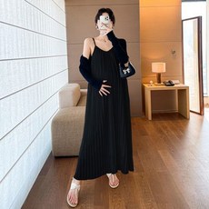 봄 가을 임산부 원피스 세트 캐주얼 패션 임부복 루즈핏 임부 투피스 세트 기질 자외선 차단 가디건 + 쉬폰 플리츠 원피스 투세트 WXY