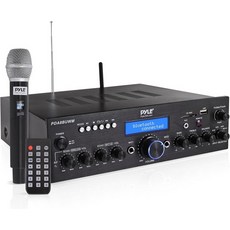 Pyle 무선 마이크 블루투스 앰프-200W 피크 전력 듀얼 채널 스테레오 오디오 수신기USB AUX 입력 에코 컨트롤 RCA 노래방 홈 시어터 음악 스튜디오용