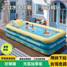 充氣遊泳池 兒童戲水池 家用寶寶嬰兒戲水池 大型家庭小孩水池戶外大人泳池, 1個, 經濟套餐【推薦打氣非常快】,海波藍丨1.5米三層【10倍特厚】