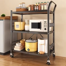Bornoon 접이식 서빙카트 이동식 수납 전자레인지 선반 3단 트롤리 테이블, 블랙, 1개
