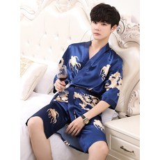 곤룡포 가운 7부 용모양 기모노 목욕 로브 남성 여름 아이스 실크 홈웨어 수면 두루마기