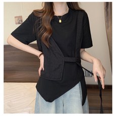 Yellwel 여름신상 빅사이즈 여성용 반팔 티셔츠 루즈핏 불규칙 레이어드 스타일 상의 DJP