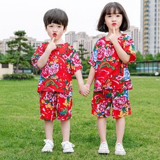 夏季女童睡衣 東北大花套裝女童兒童衣服寶寶男童夏季網紅民族風花布棉綢睡衣 兒童睡衣 家居服 卡通睡衣套裝