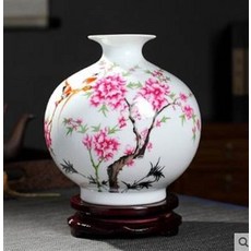 陶瓷花瓶 粉色花鳥圖案, 德鎮陶瓷花器辦公室家用小工藝品