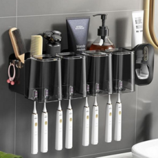 욕실 칫솔 걸이 무타공 컵걸이 칫솔꽂이 벽걸이 칫솔 보관함 거치대 욕실수납선반 디스펜서 정리대 다용도, 본체+컵4p+짜개