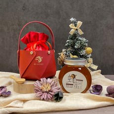 Mr.HONEY 蜂蜜先生 蜂蜜提籃組-台灣龍眼蜂蜜(240g), 1個, 紅色皮質提籃+紅色絨布袋+竹湯匙,龍眼蜂蜜