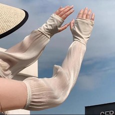 流光紗薄款透氣防曬冰絲長袖手套 騎行遮陽戶外冰袖女, 米色—漏手指 流光紗冰袖, 1個