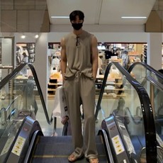 美式休閒運動套裝男健身訓練螺紋背心冰絲長褲兩件套硬漢穿搭坎肩