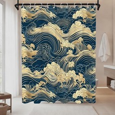 OTRANTO 일본 웨이브 샤워 커튼 오리엔탈 빈티지 모노크롬 가나가와에서 영감을 받은 앤티크 아트 테마 욕실 장식 세트 세탁기 세탁 가능 방수 원단 182.9 x 182.9c