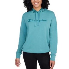 Champion 여성용 컬러 블록 프린트 로고 긴소매 풀오버 후드 스웨트셔츠 (미국 알파 XXL 레귤러 아쿠아) 터키석.