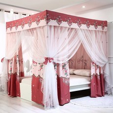 침대가림막 사각 캐노피 가림막 침대 커튼 침실 공주 커텐 모기장 가리개, 버건디꽃