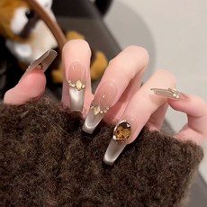 穿戴甲片高級感秋季貓眼紫邊愛心法式美甲片可拆卸爆款假指甲貼片, 1個, BY1947美輪美奐:膠水款