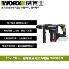 WORX 威克士 20V鋰電無刷電鎚 WU399.9 電子脈沖安全脫扣 28mm免出力鎚鑽, 1個
