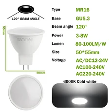 GU5.3 Lampada 전구 MR16 LED 스포트라이트 Bombillas 교체 50W 할로겐 램프 가정 거실 8W AC110V 개, 01 120 degrees 6000K, 03 AC100-240V, 03 5w