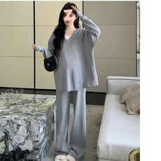 孕婦裝 長袖T恤與託腹褲套裝，休閒時尚春秋季寬鬆遮肚假兩件設計