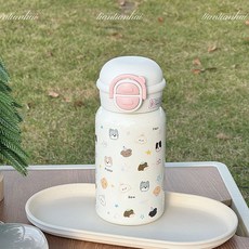 316不鏽鋼卡通保溫杯女生高顏值上學專用帶吸管禮品便攜水杯, 1個, 1L, 點點狗-白粉色:500ml