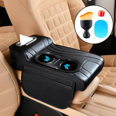 MIVONA 차량용 콘솔쿠션 팔걸이쿠션 4in1 컵홀더 티슈 수납 키높이형, 1개, 블랙