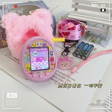 充電可拍照彩屏電子寵物機 國産拓麻歌子養成寵物蛋遊戲機 女孩禮物 彩色螢幕 拍照功能 充電式設計, 電池款-粉色+粉套雪莉掛繩電池, 1個