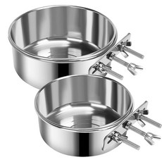 [2] 업그레이드된 클램프 홀더가 있는 케이지용 대형 개 사료 물 그릇 2개 반려동물 켄넬 걸이 그릇 스테인리스 스틸 흘림 방지 감지 가능한 그릇 크레이트 피더 접시 대형견, M (47 & 31 OZ)