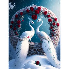 보석십자수 행운을부르는 부귀 커플 공작새 길상 백공작 청공작 주작새 앵무새 플라워 라운드 구슬 큐빅가득 그림 집콕취미 비즈 개업선물 액자없음 DIY키트, 흰눈 속 커플새07번, 1개