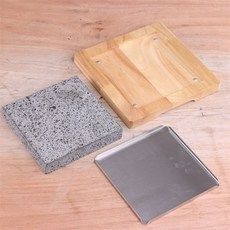 사각 일식 돌판 불판 구이판 스테이크판 규카츠 석판, 18x18x3cm 화산석+강판+오크판, 1개, 1cm