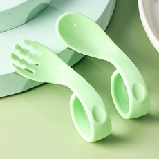 【第5代】感溫叉勺寶寶學食訓練勺彎曲自主吃飯1-4歲變色兒童勺子, 1個, 薄荷綠叉勺(不感溫):1個