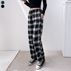 블레스유 남여공용 홈웨어 베이직 겉기모 탄탄한 소재 체크무늬 밴딩 와이드 팬츠 데일리룩 교복템