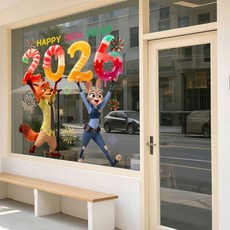 瘋狂動物城新年裝飾靜電貼，商場店鋪櫥窗玻璃春節裝飾, F款-新年瘋狂動物城,小