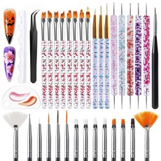 Artdone 31pcs 네일 아트 브러시 도구 세트 도팅 도구 더스트 긴 줄을 위한 스트라이핑 젤 폴리쉬 디자인 공급용 드로잉, 34Pcs Set