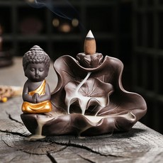 STTPEI 創意荷葉小如來倒流香爐 煙瀑香薰爐, 金色卷蓮小如來