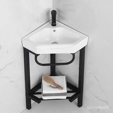 三角洗手盆墻角落地支架陶瓷洗手盆小戶型衛生間洗臉盆陽臺轉角盆洗手盆 一體洗手臺 洗手臺 浴室櫃組閤落地式衛生間洗漱臺, 冷熱全套含鏡櫃,大號【白支架】, 1個