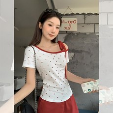 해피유통홍콩 감성 사선넥 디자인 반팔 상의 데일리룩