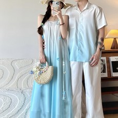 커플 시밀러룩 신혼여행 긴팔 호캉스 하와이안 드레스 패밀리룩 반팔 휴양지 티셔츠 원피스 웨딩촬영