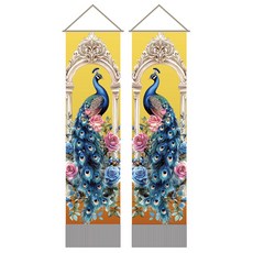 2개 침실 및 거실 장식용 폴리에스터 벽걸이 태피스트리 직사각형 공작새 무늬 1160x330mm, 혼합색