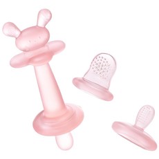 四合一嬰兒食品級矽膠牙膠 水果咬咬樂 小月齡啃咬訓練 可愛兔子造型安撫固齒器