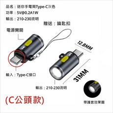 迷你手電筒 USB-C接口 強光手電筒 1W 高亮度LED燈 TYPE C供電 無電池設計 即插即用, 灰色(C公頭), 1個