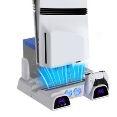 [포르르] PS5용 냉각 스테이션 / 슬림 프로 디스크 & 디지털 듀얼 PS5 컨트롤러 충전 스테이션이 있는 화이트 스탠드 3단계 팬 다기능 액세서리 슬롯 및 USB 허브