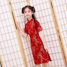 水水女人國 復古紅色可愛女童旗袍 中國風鳳尾花織錦緞洋裝 小女生日常百搭旗袍