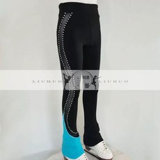 피겨 연습복 큐빅 무대 트레이닝복 원피스 상하세트 팬츠, 1개, 블랙 패치워크 블루 JB120