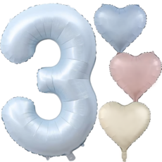 파파 파티 대형 하늘색 숫자 풍선 세트 기념일 생일, 1세트, 하늘 3 + 크림 하트 3p