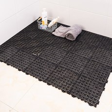 Fowod 15T 두꺼운 PVC 미끄럼방지 매트 주방 욕실 논슬립 배수 쿠션 타일 조립식 바닥재 세트, 12개, 블랙